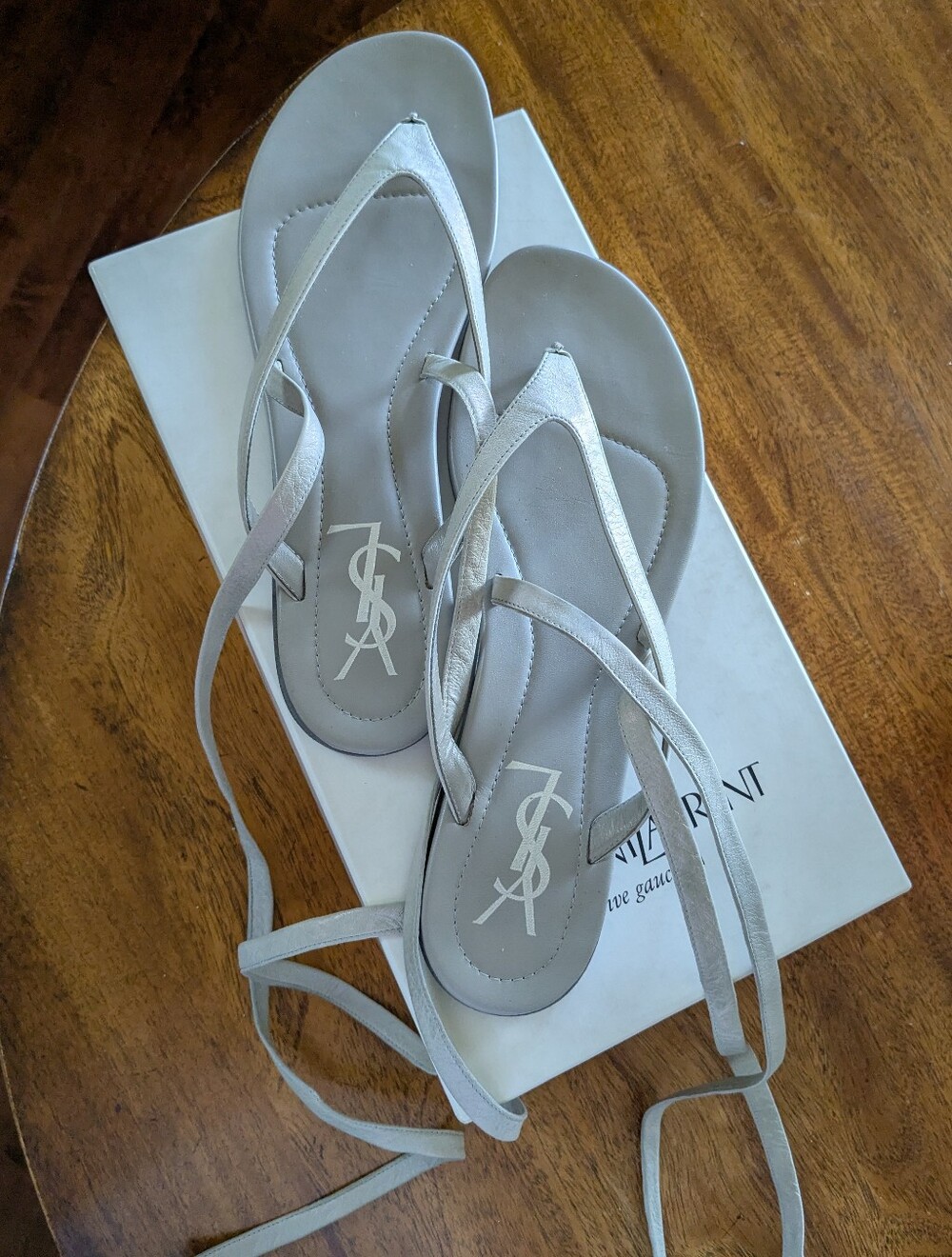 YSL Rive Gauche Light Grey Thong Sandals